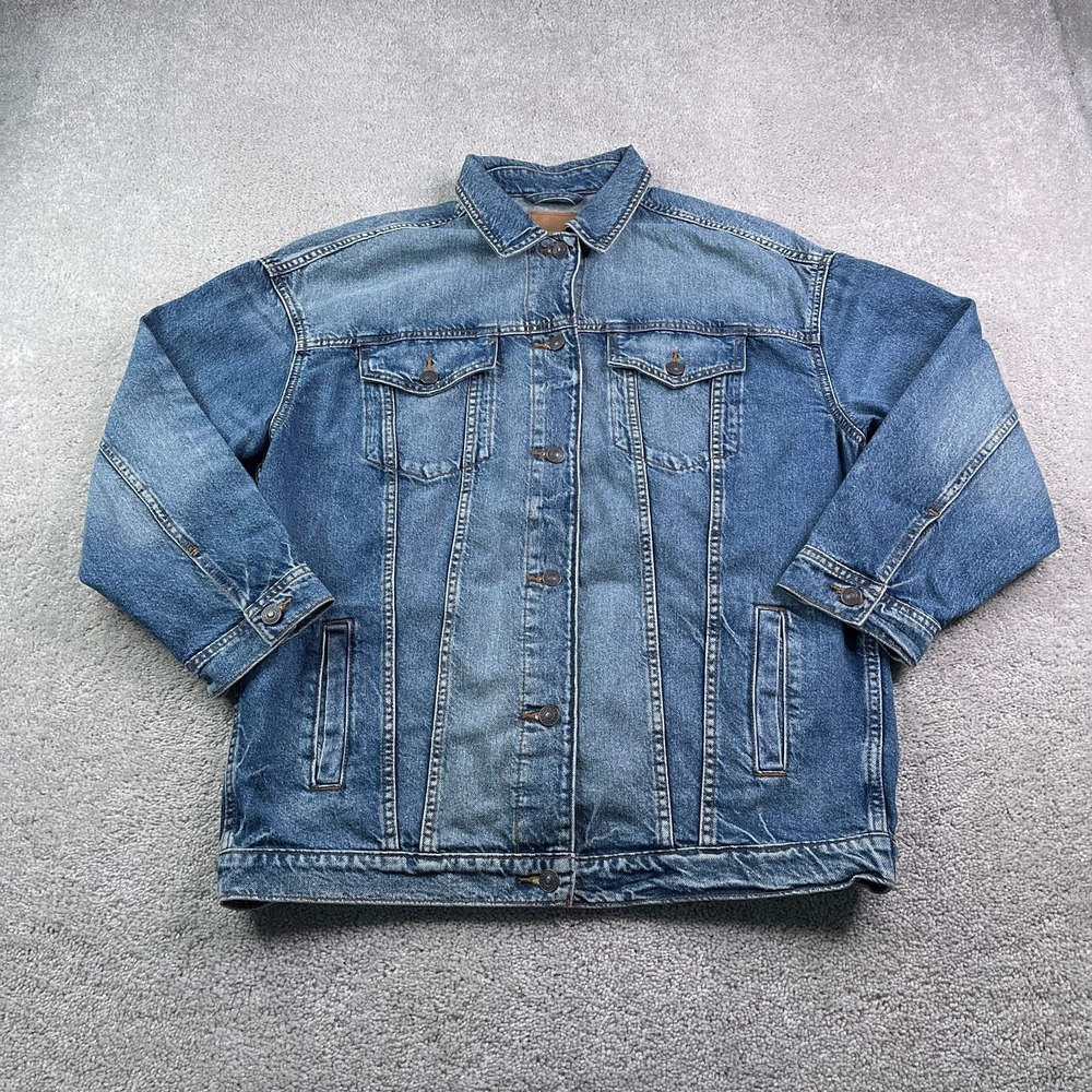American Eagle Trucker Jacket Mens Medium Blue Jean Denim Biker Band‎ Type 3